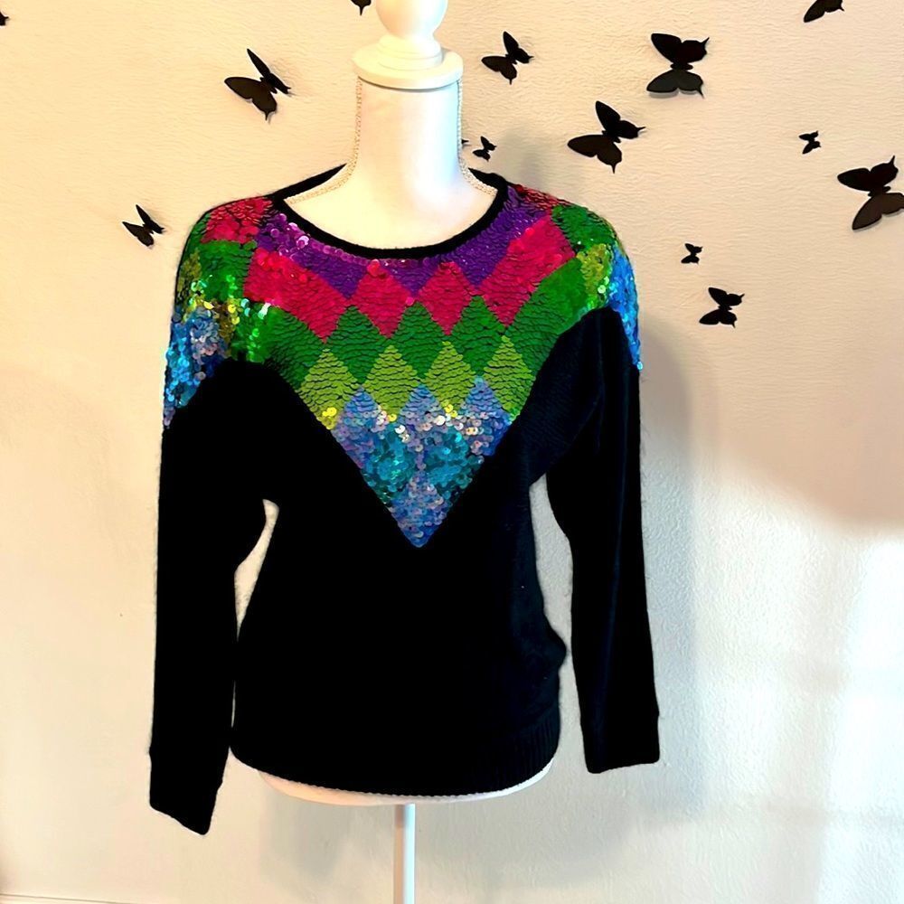 Vintage 90s Black Angora Blend Sequin Pullover Sweater Shoulder Pads Size S